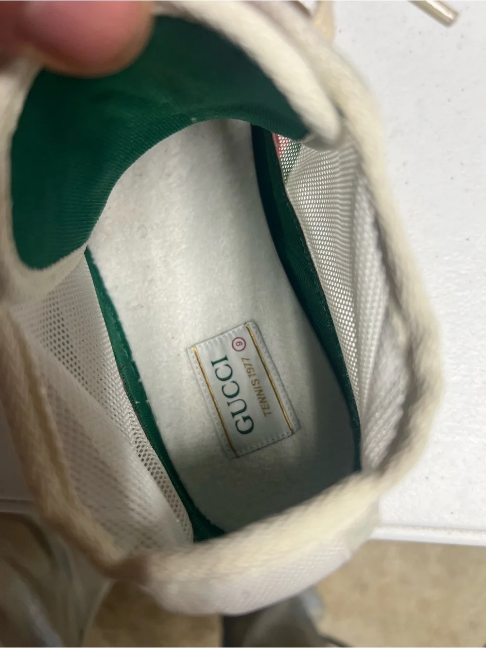 Gucci Men’s Cream High-Top Sneakers with Green & Red Web Stripe